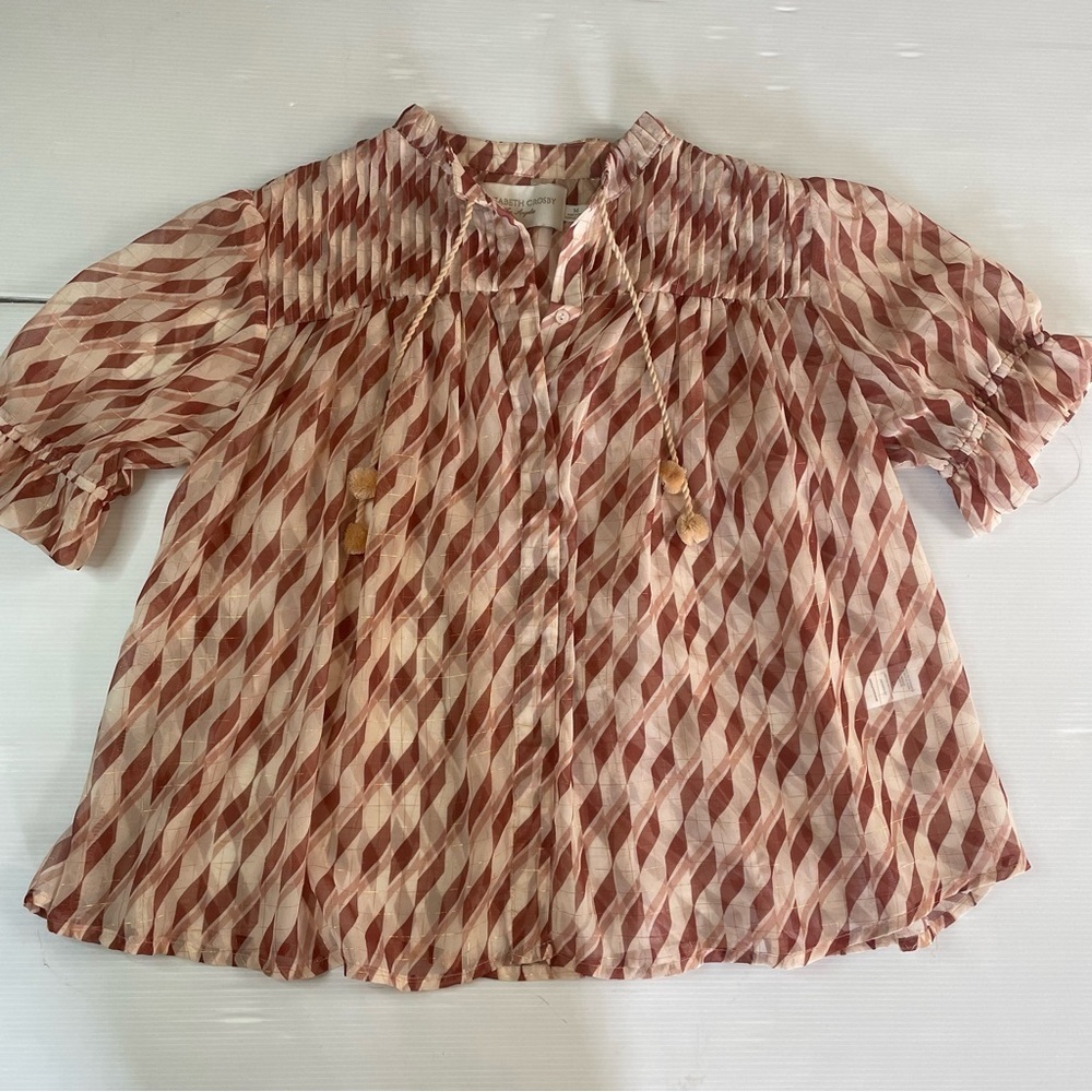 Elizabeth Crosby Pink Diamond Print Sheer Pleated Blouse Puff Sleeve Size M